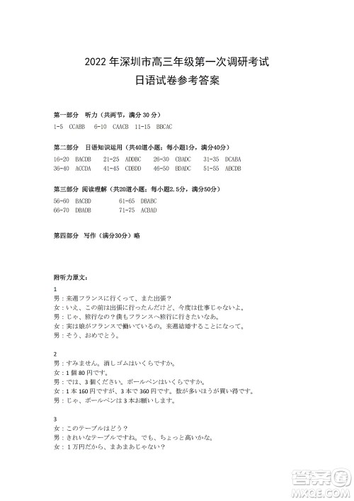 2022年深圳市高三年级第一次调研考试日语试题及答案 2022年深圳市高三年级第一次调研考试日语试题及答案
