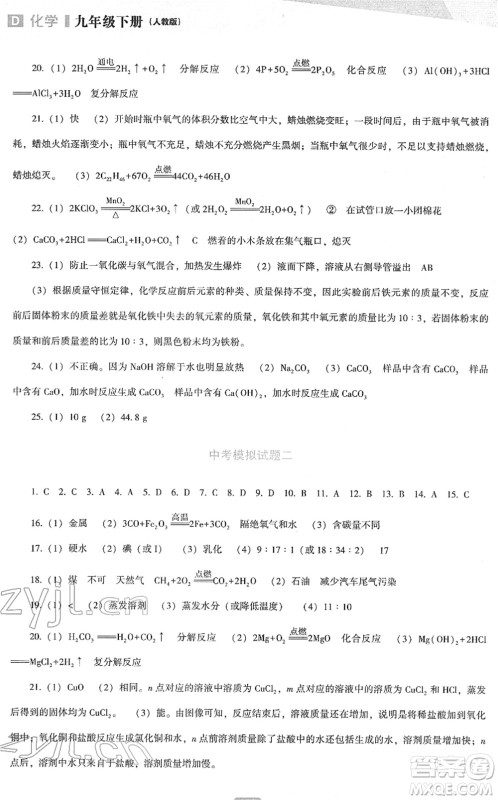 辽海出版社2022新课程化学能力培养九年级下册人教版D版大连专用答案