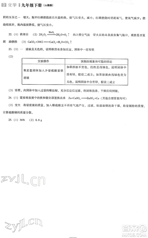 辽海出版社2022新课程化学能力培养九年级下册人教版D版大连专用答案