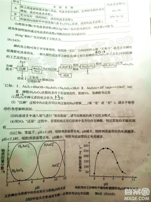 2022年汕头市普通高考第一次模拟考试试题化学答案