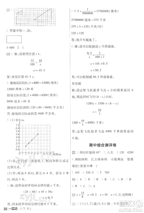 南京师范大学出版社2022一遍过六年级数学下册人教版参考答案