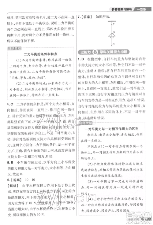 南京师范大学出版社2022一遍过八年级物理下册苏科版参考答案