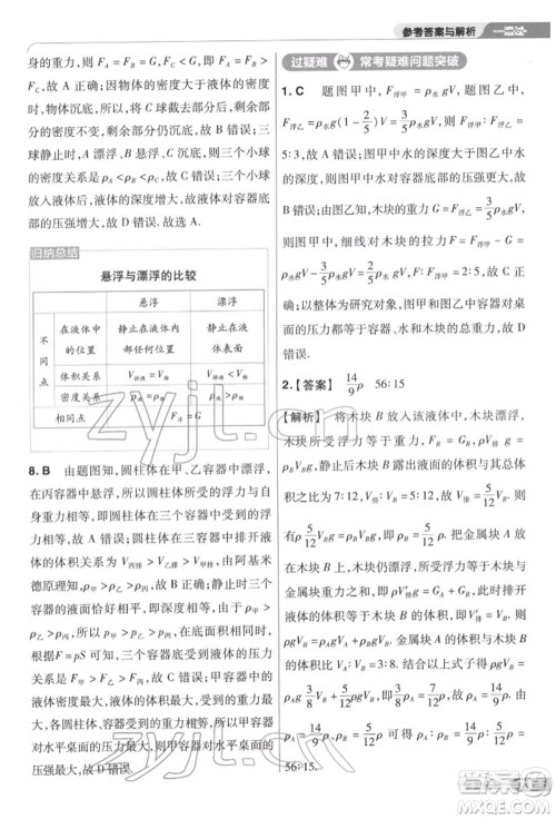 南京师范大学出版社2022一遍过八年级物理下册苏科版参考答案