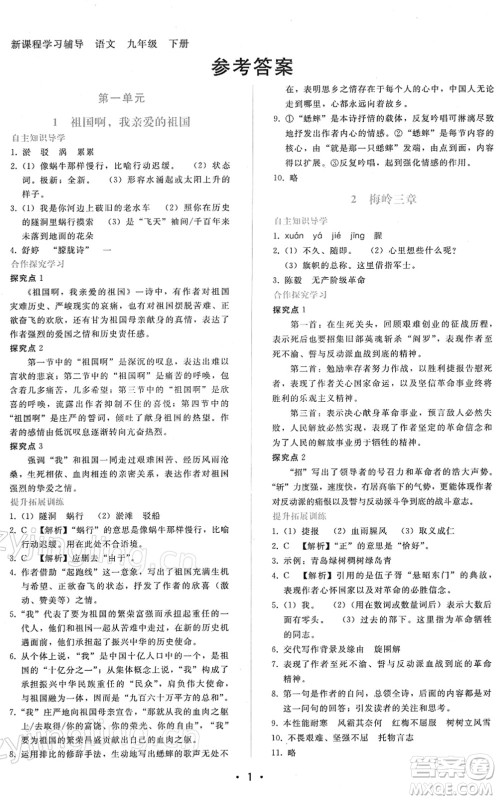 广西师范大学出版社2022新课程学习辅导九年级语文下册人教版答案