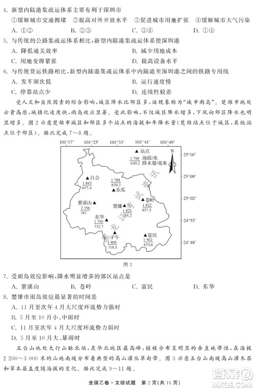 衡中同卷2022届全国高三第二次学业质量联合检测乙卷文综试题及答案