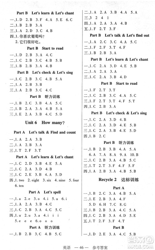 二十一世纪出版社2022新课程新练习三年级英语下册PEP版答案