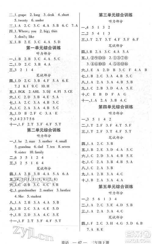 二十一世纪出版社2022新课程新练习三年级英语下册PEP版答案