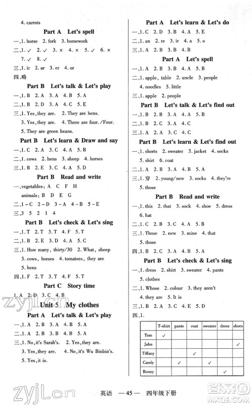 二十一世纪出版社2022新课程新练习四年级英语下册PEP版答案