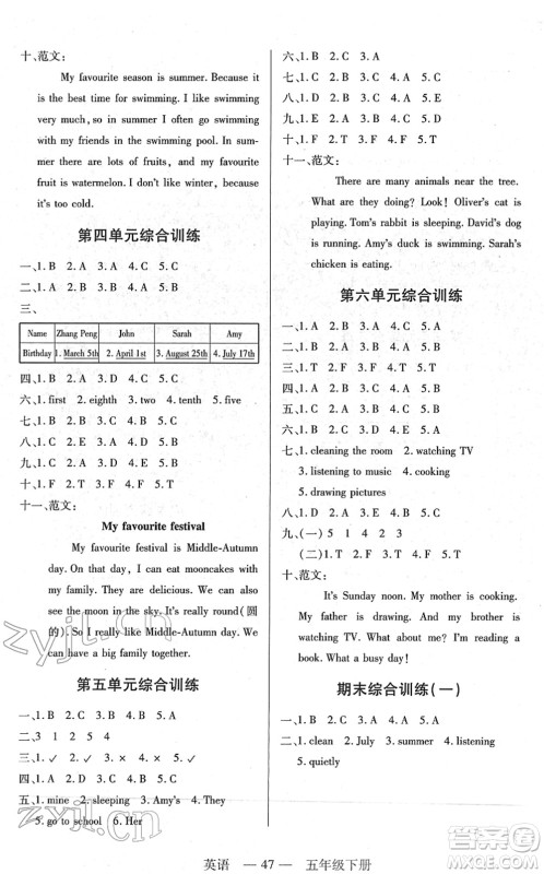 二十一世纪出版社2022新课程新练习五年级英语下册PEP版答案