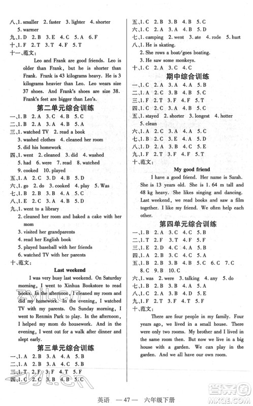 二十一世纪出版社2022新课程新练习六年级英语下册PEP版答案