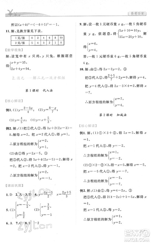 人民教育出版社2022绩优学案七年级数学下册人教版答案