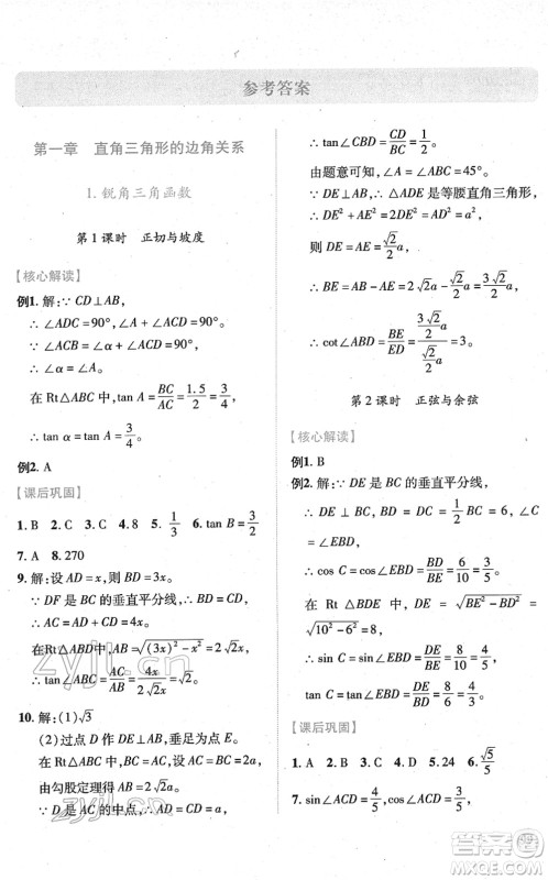 陕西师范大学出版总社2022绩优学案九年级数学下册北师大版答案