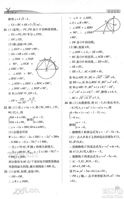 陕西师范大学出版总社2022绩优学案九年级数学下册北师大版答案