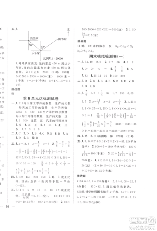 吉林人民出版社2022全科王同步课时练习六年级数学下册江苏版参考答案