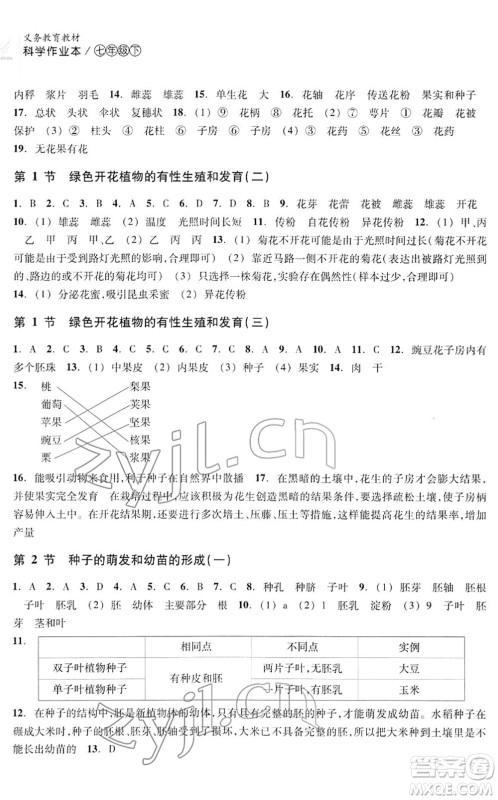 浙江教育出版社2022科学作业本七年级下册H华东师大版AB本答案