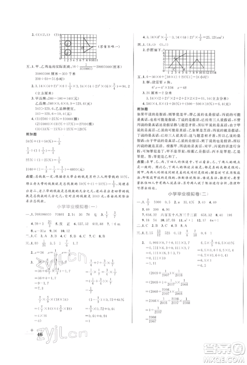 沈阳出版社2022黄冈名卷六年级数学下册人教版参考答案