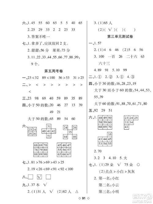 世界图书出版公司2022考易百分百周末提优训练数学1年级下BS北师版答案