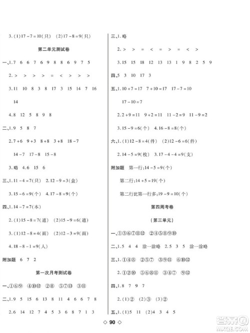 世界图书出版公司2022考易百分百周末提优训练数学1年级下RJ人教版答案