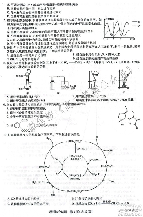 天一大联考顶尖计划2022届高中毕业班第三次考试理科综合试题及​答案