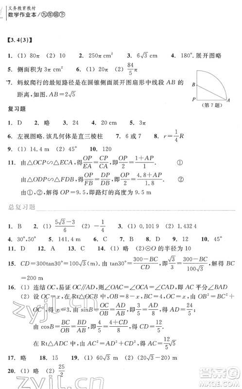 浙江教育出版社2022数学作业本九年级下册ZH浙教版答案