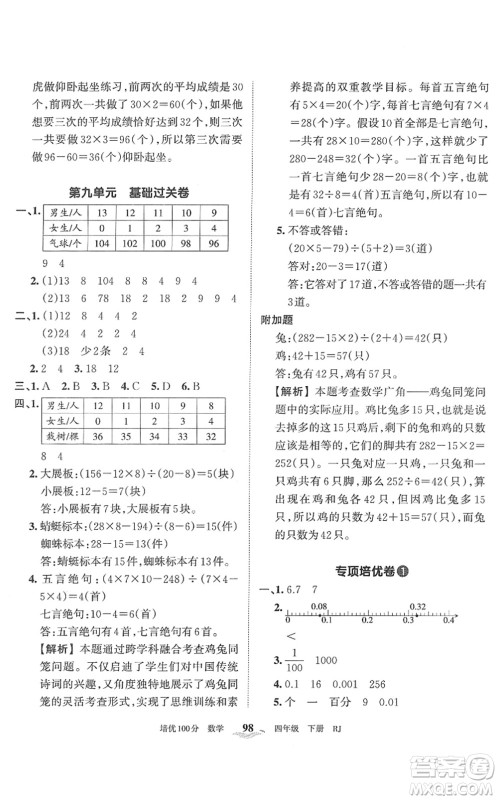 江西人民出版社2022王朝霞培优100分四年级数学下册RJ人教版答案