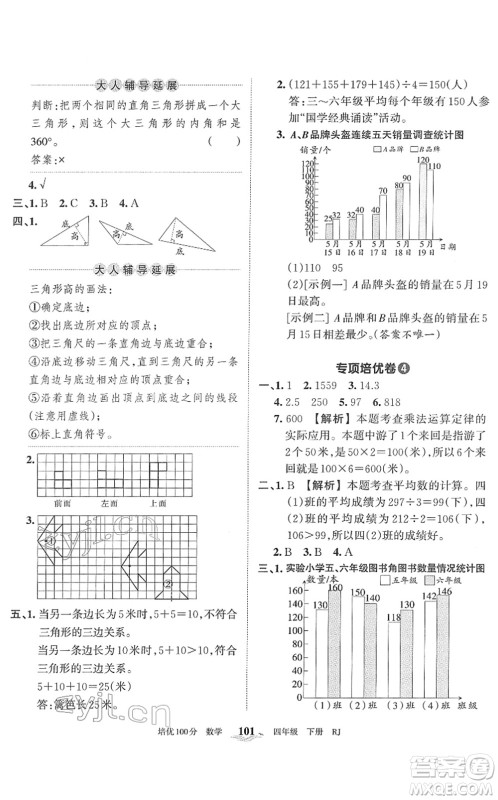 江西人民出版社2022王朝霞培优100分四年级数学下册RJ人教版答案