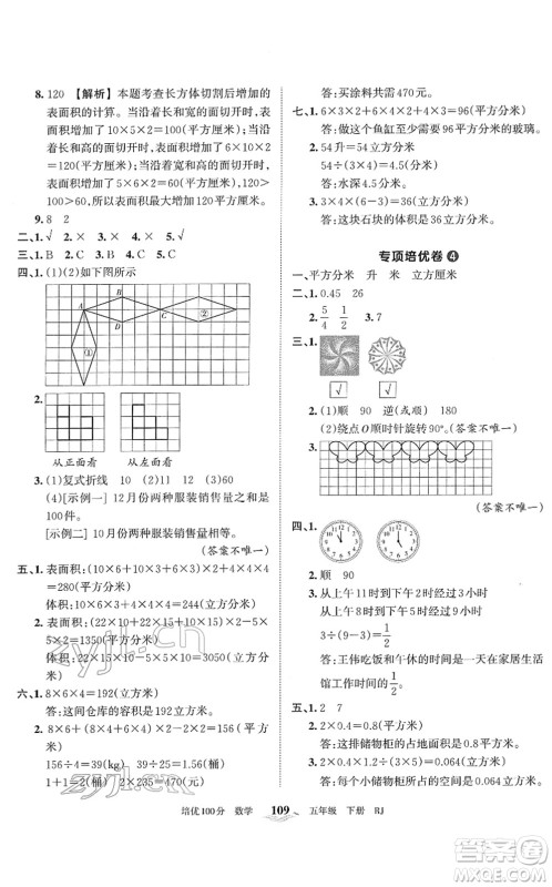 江西人民出版社2022王朝霞培优100分五年级数学下册RJ人教版答案