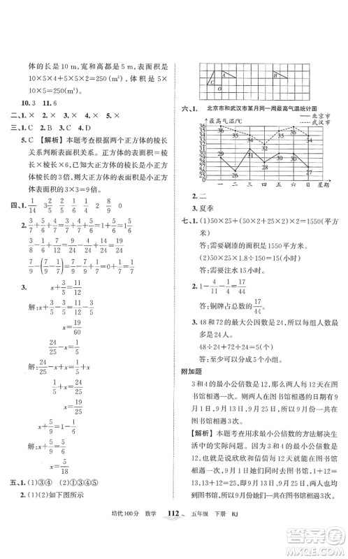 江西人民出版社2022王朝霞培优100分五年级数学下册RJ人教版答案