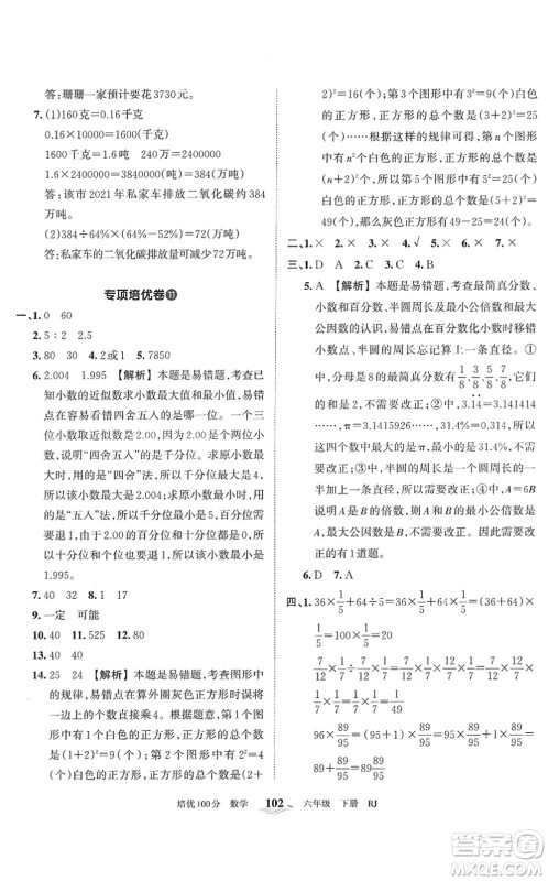 江西人民出版社2022王朝霞培优100分六年级数学下册RJ人教版答案