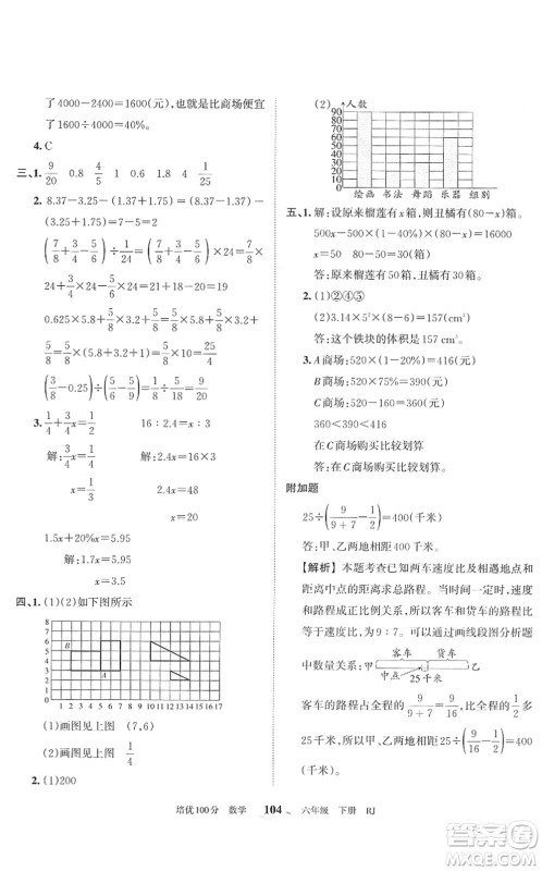 江西人民出版社2022王朝霞培优100分六年级数学下册RJ人教版答案