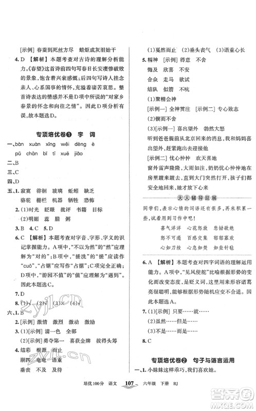 江西人民出版社2022王朝霞培优100分六年级语文下册RJ人教版答案 江西人民出版社2022王朝霞培优100分六年级语文下册RJ人教版答案