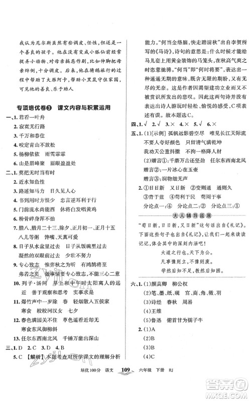 江西人民出版社2022王朝霞培优100分六年级语文下册RJ人教版答案 江西人民出版社2022王朝霞培优100分六年级语文下册RJ人教版答案