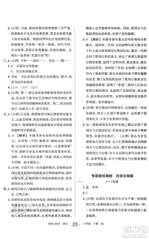 江西人民出版社2022王朝霞培优100分六年级语文下册RJ人教版答案 江西人民出版社2022王朝霞培优100分六年级语文下册RJ人教版答案