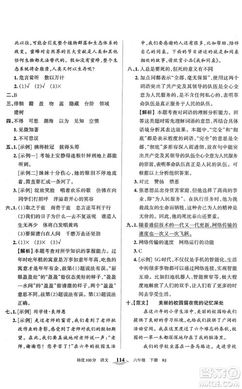 江西人民出版社2022王朝霞培优100分六年级语文下册RJ人教版答案 江西人民出版社2022王朝霞培优100分六年级语文下册RJ人教版答案