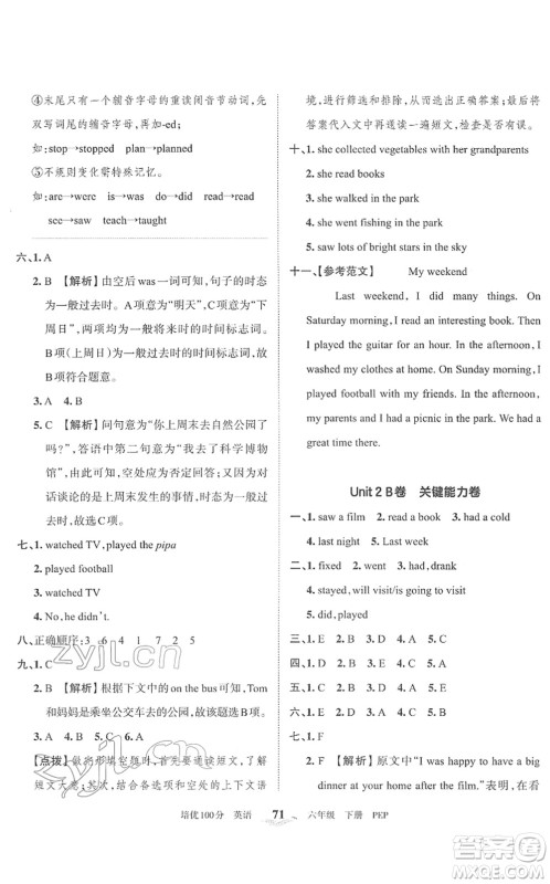 江西人民出版社2022王朝霞培优100分六年级英语下册PEP版答案