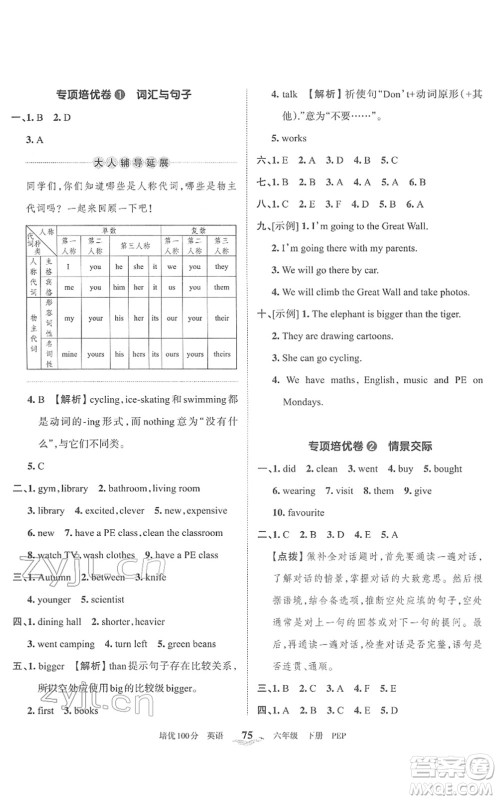江西人民出版社2022王朝霞培优100分六年级英语下册PEP版答案