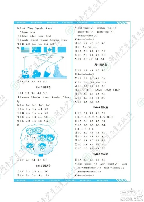 湖南少年儿童出版社2022课程基础训练三年级英语下册人教版答案