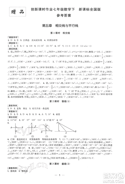 江苏凤凰美术出版社2022创新课时作业七年级数学下册全国版参考答案