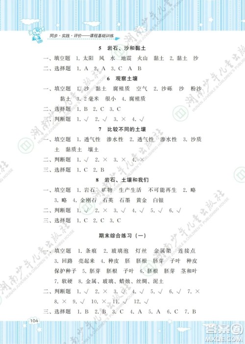 湖南少年儿童出版社2022课程基础训练四年级科学下册教科版答案