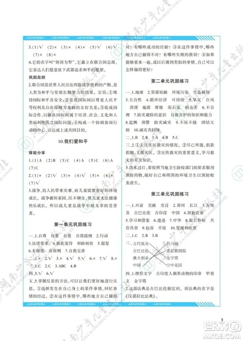 湖南少年儿童出版社2022课程基础训练六年级道德与法治下册人教版答案