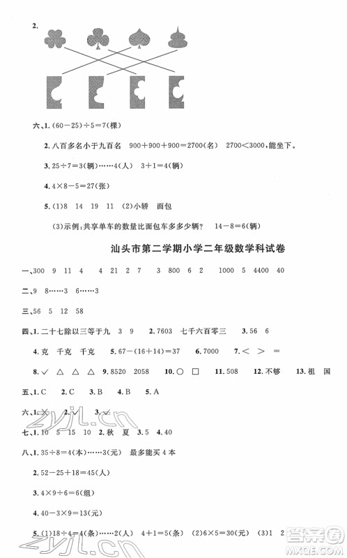 江西教育出版社2022阳光同学一线名师全优好卷单元标准卷+期末复习卷二年级数学下册RJ人教版答案