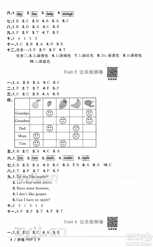 江西教育出版社2022阳光同学一线名师全优好卷单元标准卷+期末复习卷三年级英语下册PEP版答案