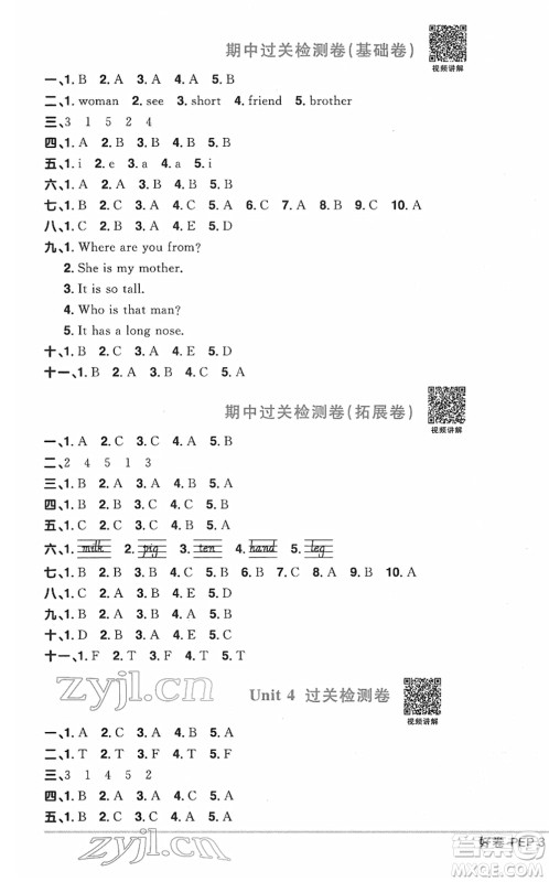 江西教育出版社2022阳光同学一线名师全优好卷单元标准卷+期末复习卷三年级英语下册PEP版答案