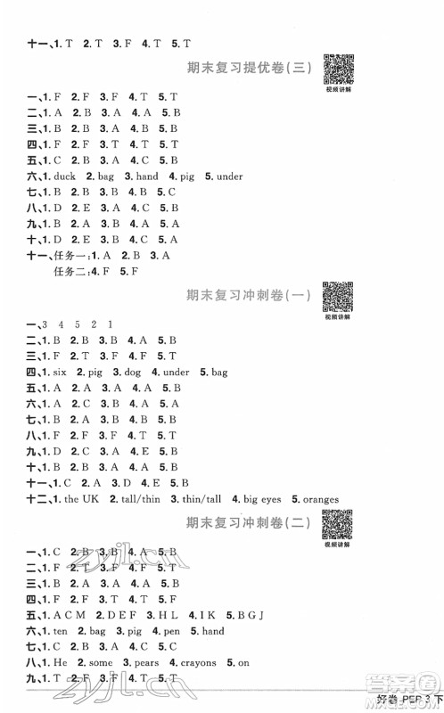 江西教育出版社2022阳光同学一线名师全优好卷单元标准卷+期末复习卷三年级英语下册PEP版答案