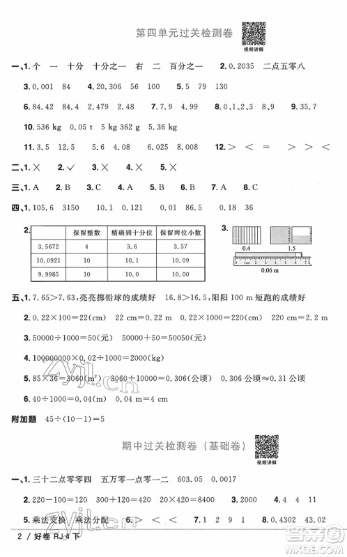 江西教育出版社2022阳光同学一线名师全优好卷单元标准卷+期末复习卷四年级数学下册RJ人教版答案