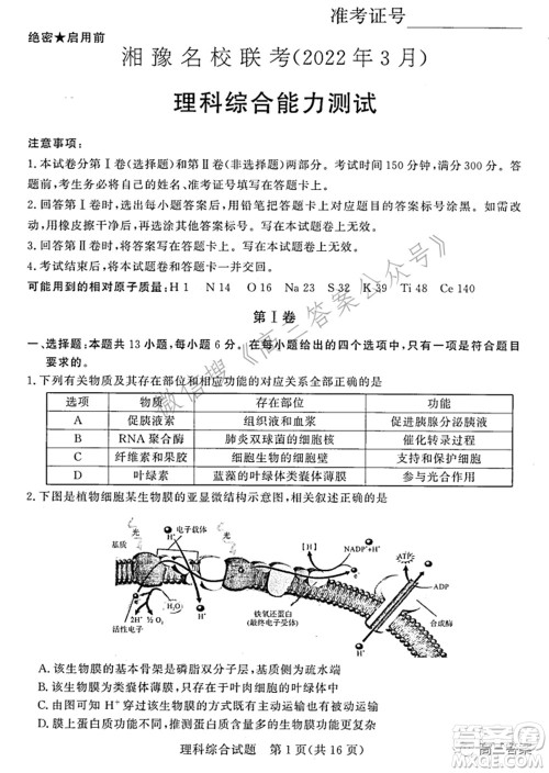 湘豫名校联考2022年3月高三理科综合试题及答案