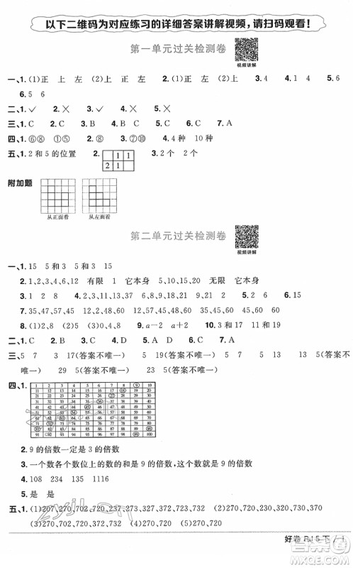 江西教育出版社2022阳光同学一线名师全优好卷单元标准卷+期末复习卷五年级数学下册RJ人教版答案