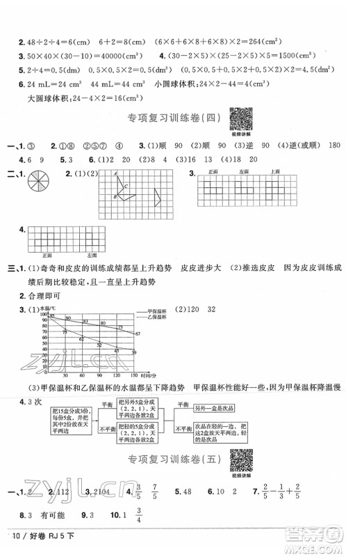 江西教育出版社2022阳光同学一线名师全优好卷单元标准卷+期末复习卷五年级数学下册RJ人教版答案