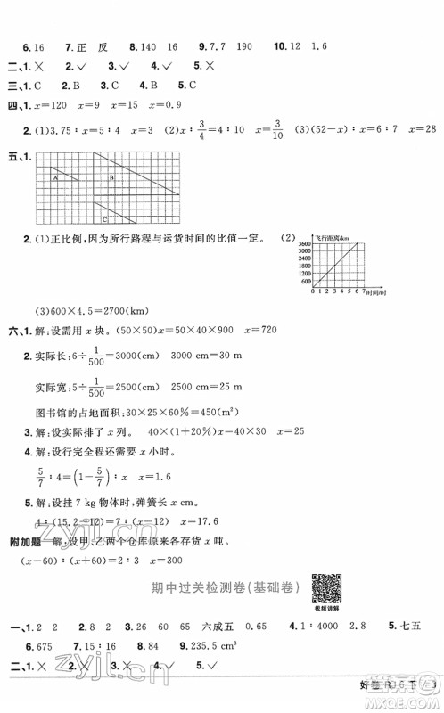 江西教育出版社2022阳光同学一线名师全优好卷单元标准卷+期末复习卷六年级数学下册RJ人教版答案