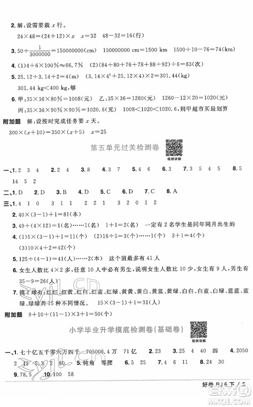 江西教育出版社2022阳光同学一线名师全优好卷单元标准卷+期末复习卷六年级数学下册RJ人教版答案